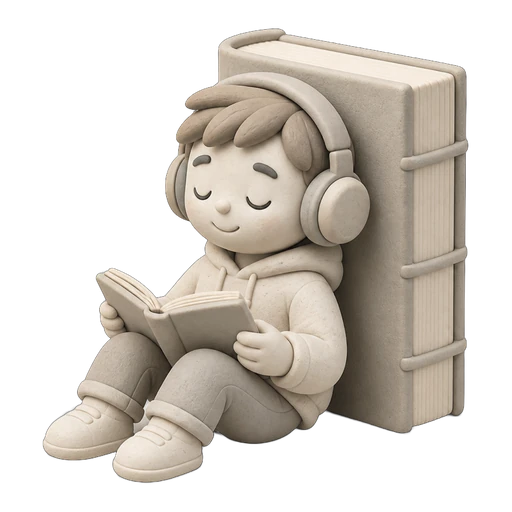 Clay listener with a book and headphones
